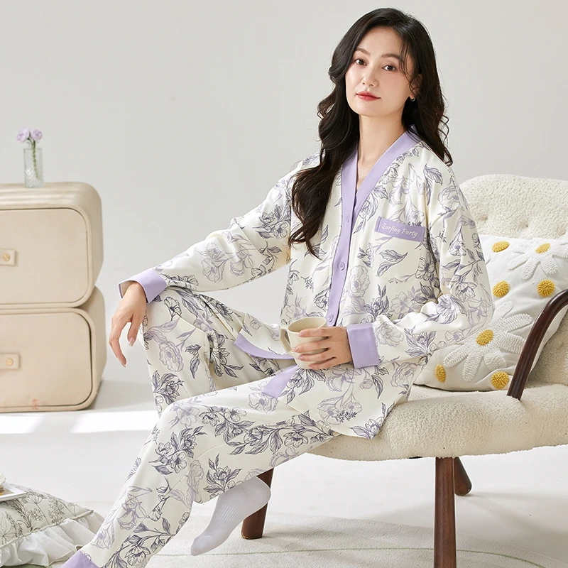 A新款带胸垫睡衣女套装2024秋季新款大码卡通长袖长裤甜美家居服