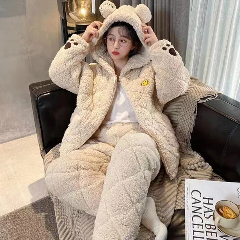 睡衣女秋冬季三层夹棉袄加绒加厚韩版可爱珊瑚绒保暖家居服套装