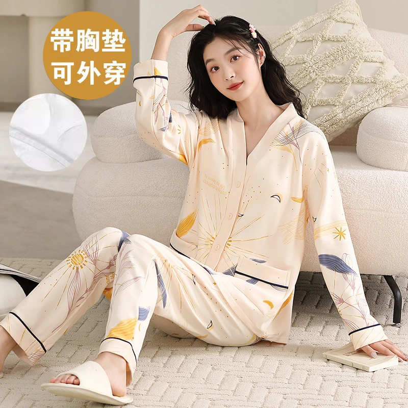 A新款带胸垫睡衣女套装2024秋季新款大码长袖长裤甜美家居服