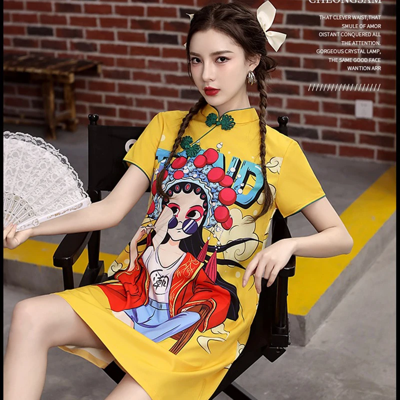复古旗袍新款女2024夏季爆款少女宽松改良黄色连衣裙国潮国风女装