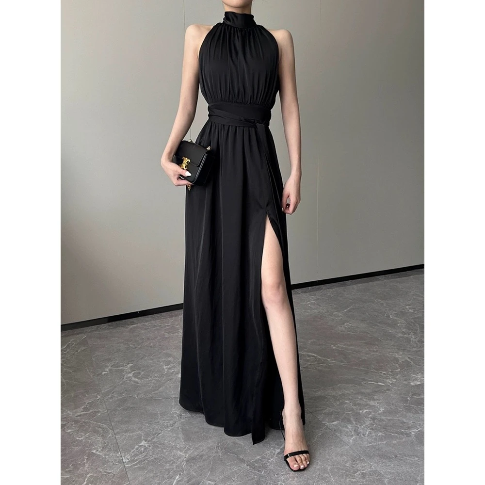 【YIMU】黑色气质设计感挂脖无袖连衣裙女夏季法式绑带收腰开叉裙