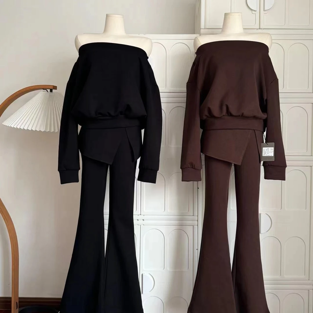 空气层一字肩卫衣+修身微喇裤套装休闲韩系