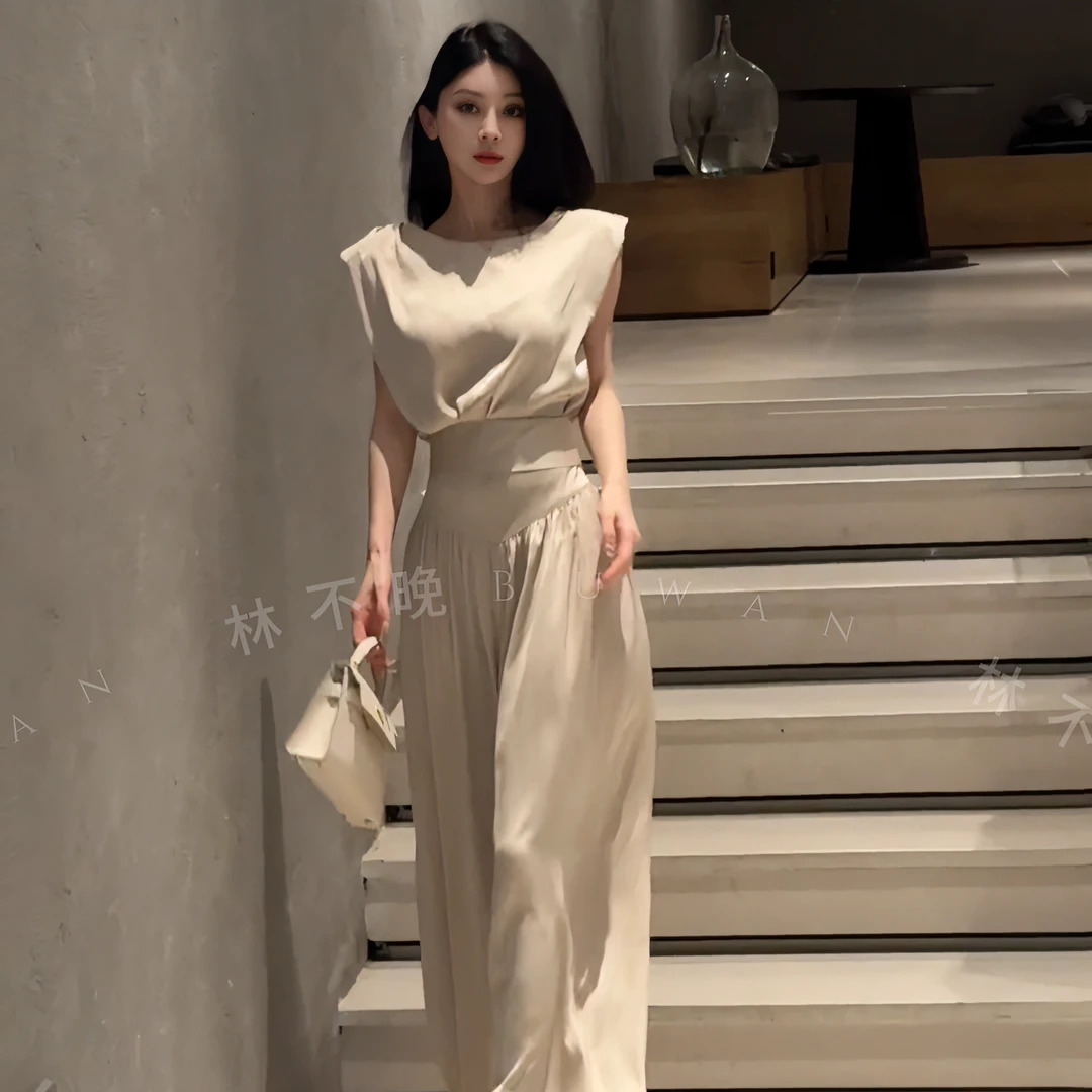 气质高级套装夏季缎面无袖背心上衣蝴蝶结高腰阔腿裤子两件套