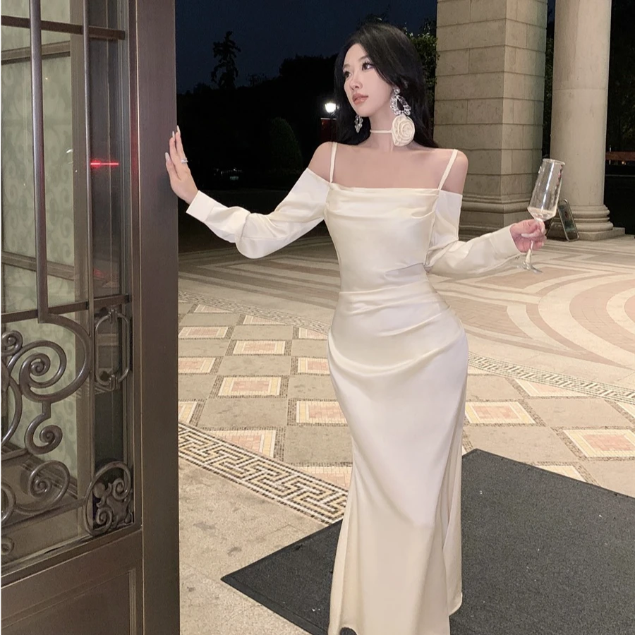 早秋法式气质荡领吊带花朵长袖缎面连衣裙女收腰开叉长礼服裙