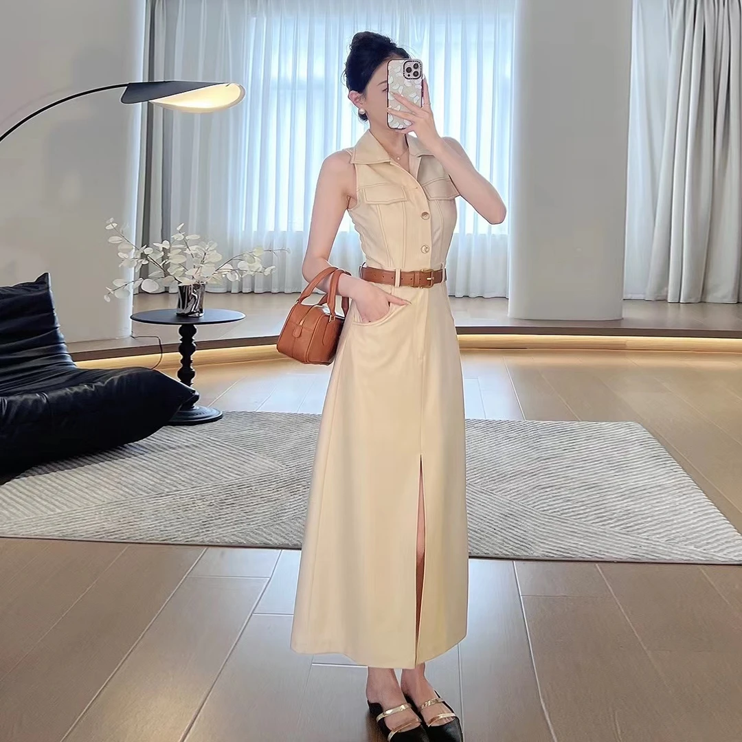 气质感无袖翻领连衣裙女仿牛仔收腰开叉显瘦长裙2025夏季新款女装