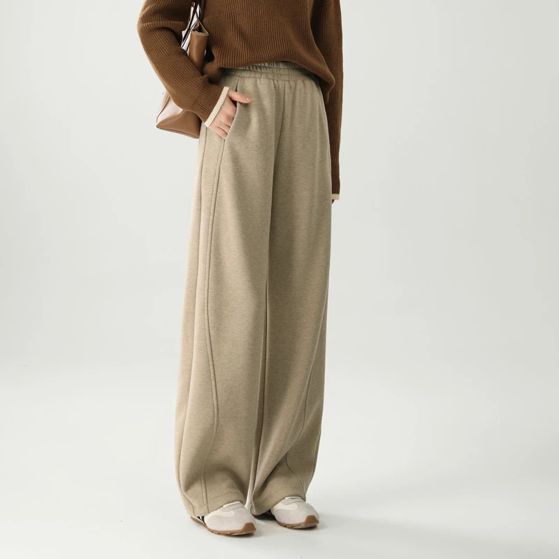 加厚蚕丝羊毛阔腿裤女冬季2024新款燕麦色裤子休闲弯刀运动裤子