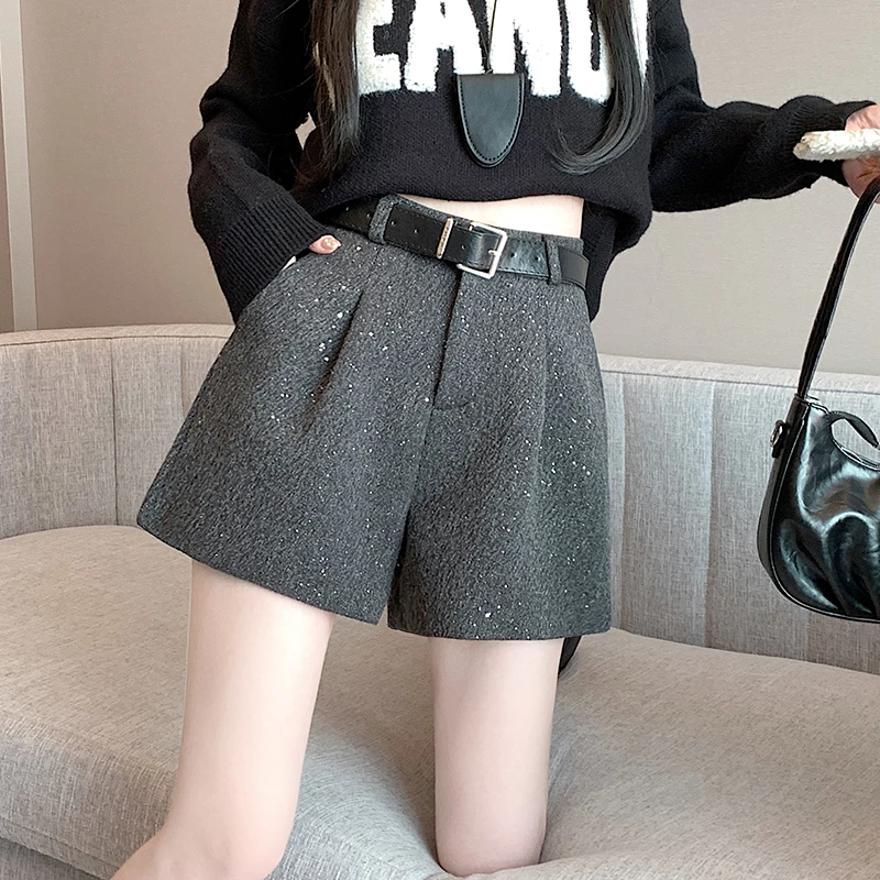 灰色小香风亮片毛呢短裤女秋冬百搭轻奢满天星河a字阔腿裤配腰带