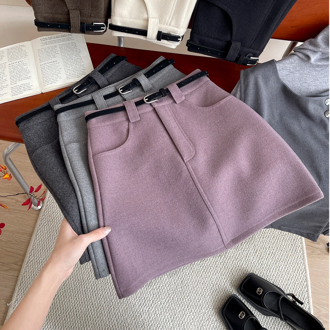 韩国chic百搭羊绒毛呢料西装短裙女秋冬气质包臀A字百搭半身裙子
