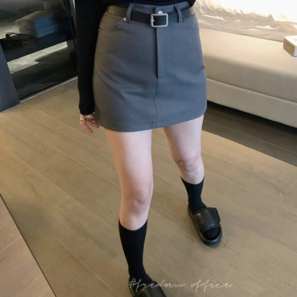 配腰带灰色西装半身裙女春季新款高腰显瘦包臀短裙防走光a字裙子