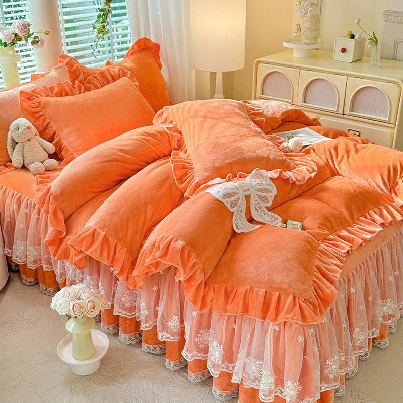 韩版公主风加绒保暖牛奶绒四件套冬季加厚双面绒珊瑚绒床裙被套苏
