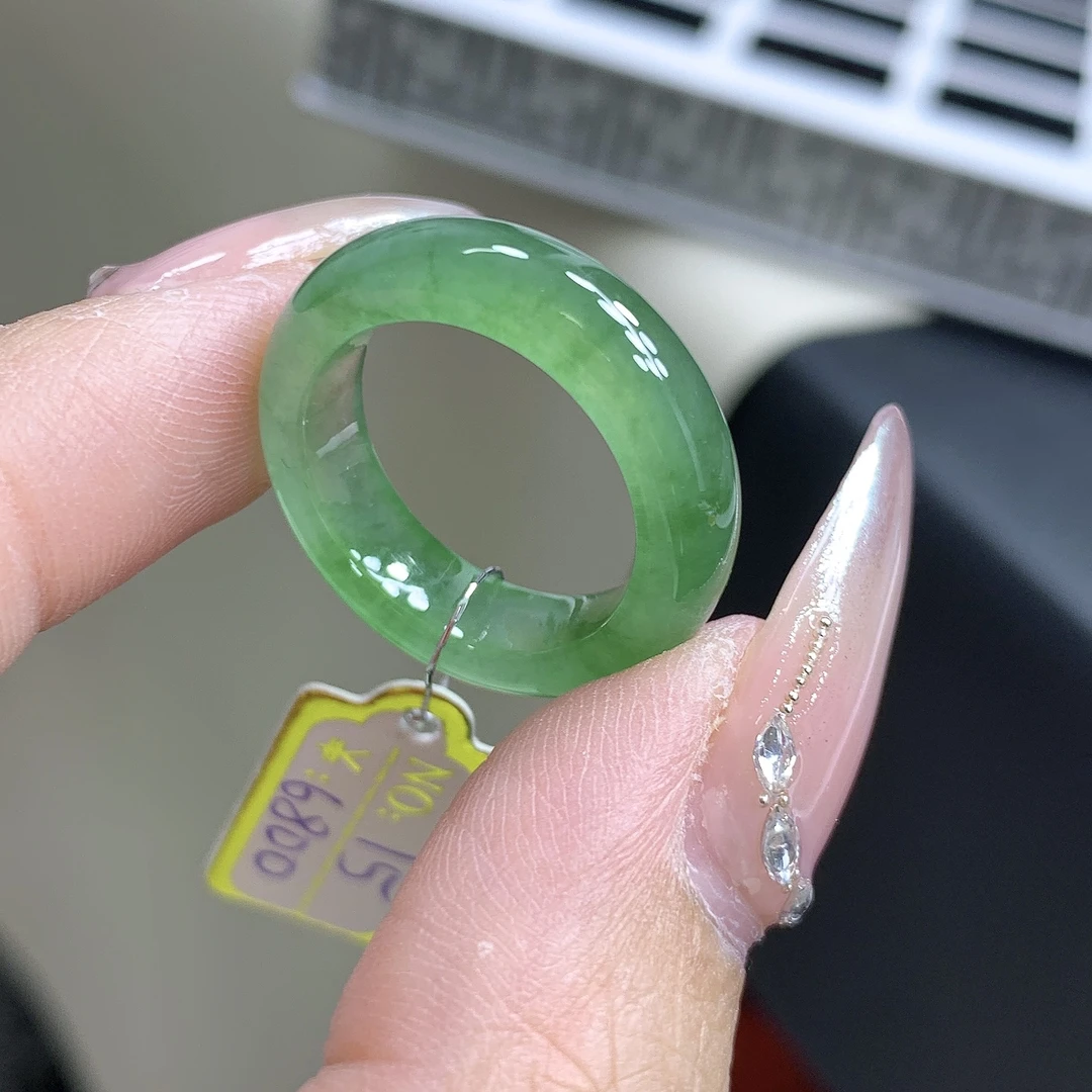 冰种翡翠玉戒指-满色15号 冰绿满绿缅甸翡翠戒圈 尺寸17-6-4mm
