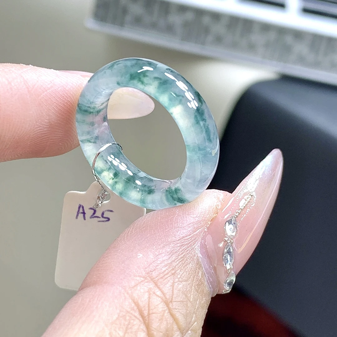 冰种缅甸翡翠玉指环 10号11号 高冰起杠光蓝花 蓝钢15.5-6.1-4.1