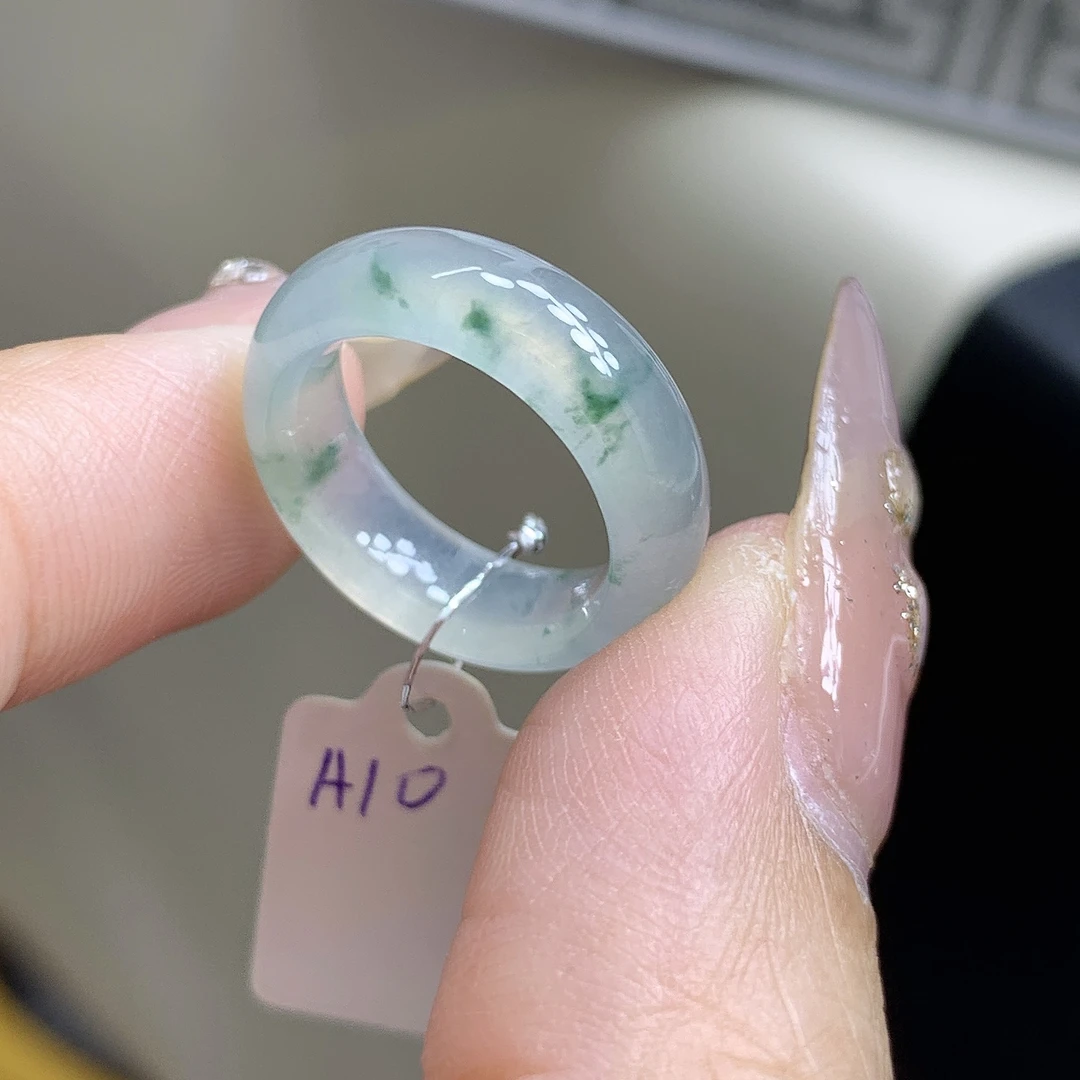 天然缅甸翡翠玉指环 6号7号 冰种飘花翡翠戒圈 尺寸14.1-6-3.2mm