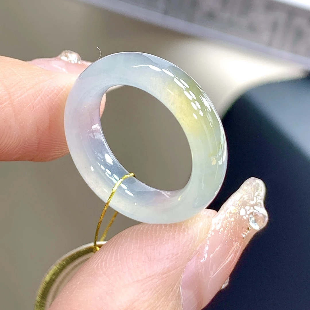 冰种翡翠-11号-冰种白冰飘黄缅甸翡翠戒圈-尺寸16-6-3.8mm-通透
