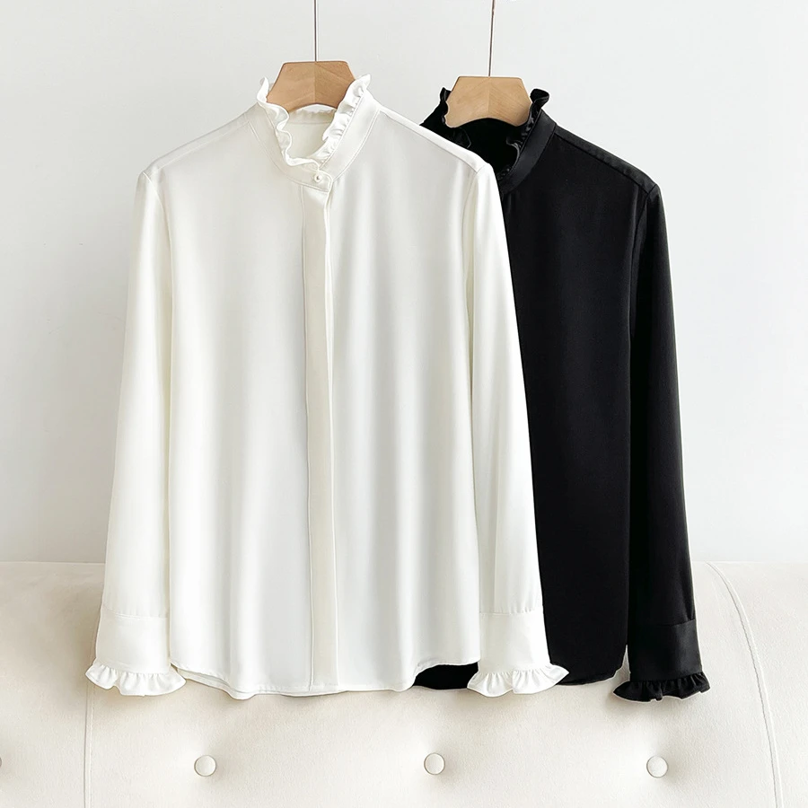 春新款轻奢设计感小众缎面法式甜美木耳边立领白色衬衫女流行上衣