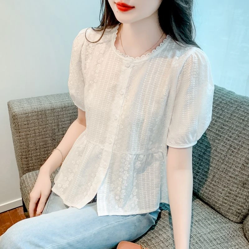 百搭圆领长袖蕾丝衬衫女装秋季2025新款宽松慵懒风休闲小衫上衣潮