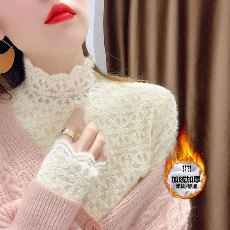 加绒2025秋冬季新款加厚蕾丝打底衫女高领内搭显瘦洋气保暖上衣服