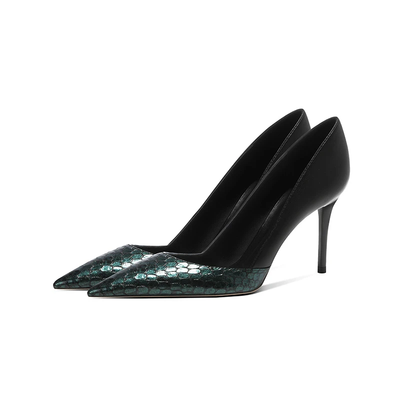 2023新款鱼纹绿色拼接时尚尖头高跟鞋气质轻奢细跟性感女士浅口