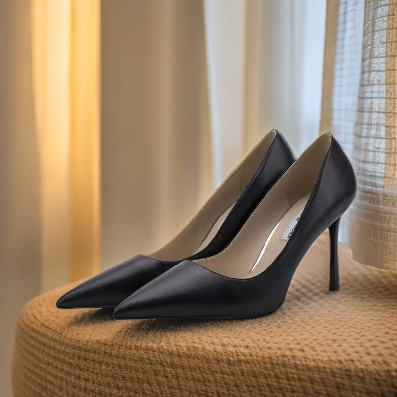 2023真皮黑色时尚气质百搭浅口尖头女细跟高跟鞋黑色职业高跟鞋