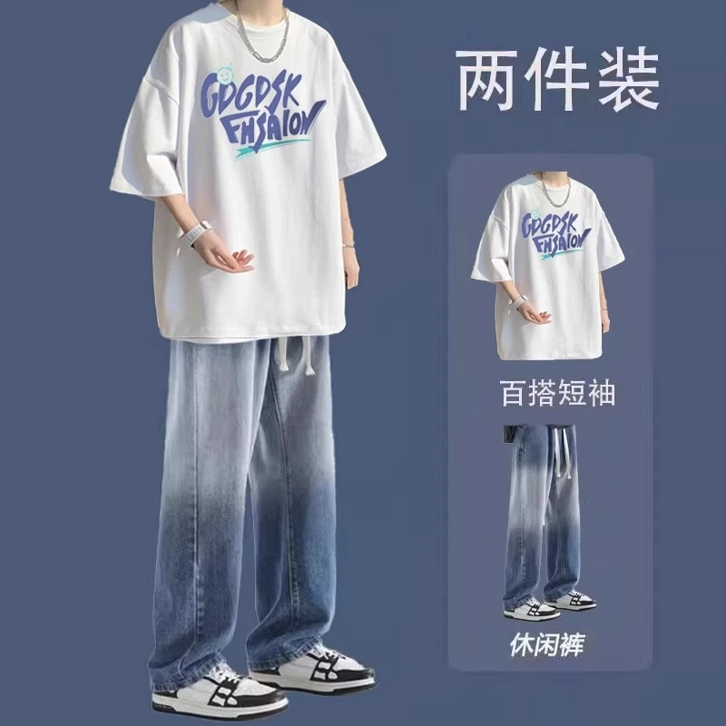 痞帅短袖t恤夏季套装男生15-18岁帅气青少年潮流男装一整套两件套