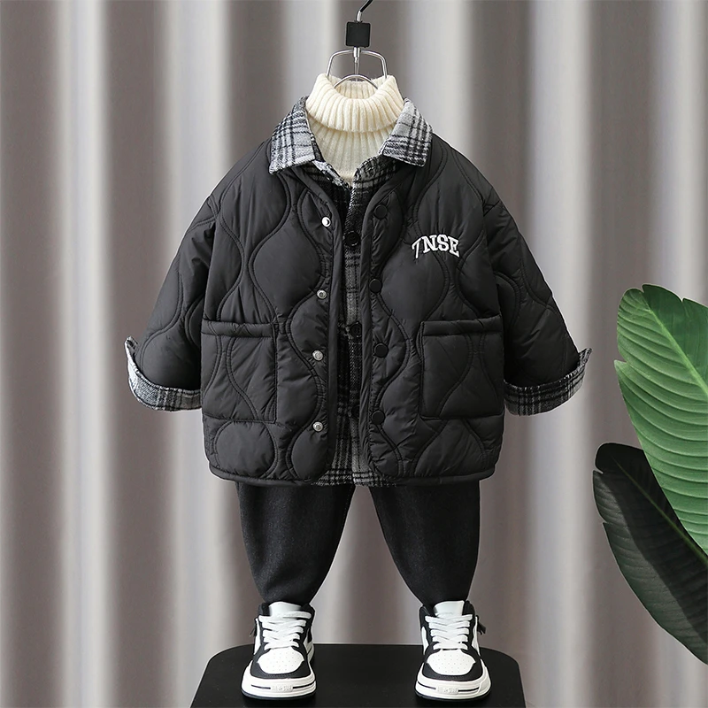男童假两件棉服秋冬款2024新款儿童装酷帅男孩加棉加厚冬季衣服潮