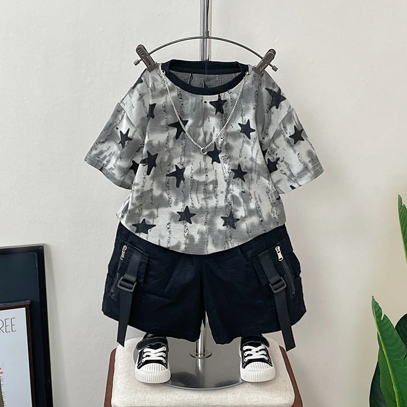 男童酷帅夏装套装2025新款中小童男宝宝短袖T恤儿童炸街两件套潮