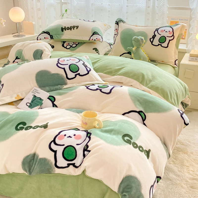 新款牛奶绒印花四件套加厚保暖防静电可机洗冬季加绒被套四件套