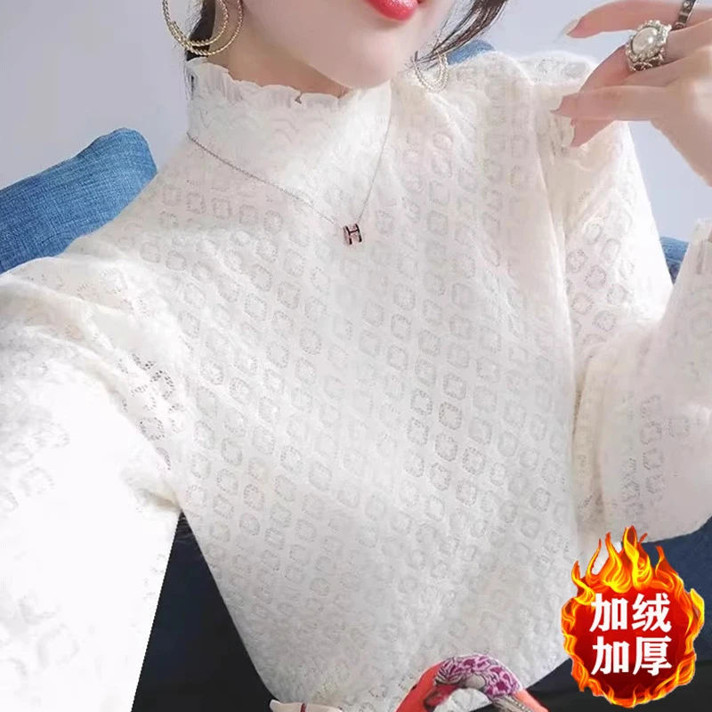白色半高领加绒蕾丝打底衫女长袖秋冬装修身内搭加厚保暖小衫上衣
