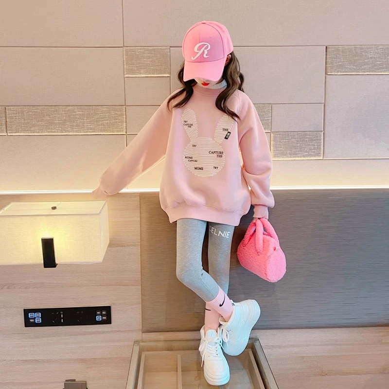 女童冬装加绒卫衣2023新款洋气套头打底衫中大童冬季加厚保暖上衣