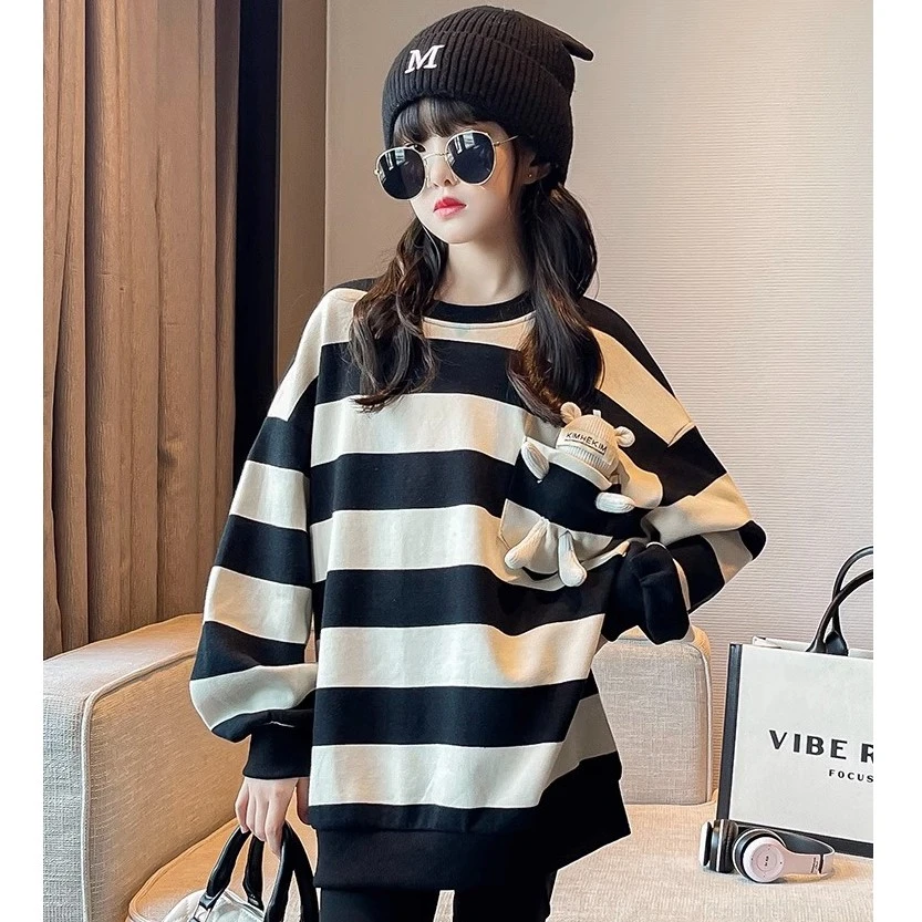 女童卫衣时尚秋装2023新款条纹打底衫洋气上衣中大儿童长袖套头衫