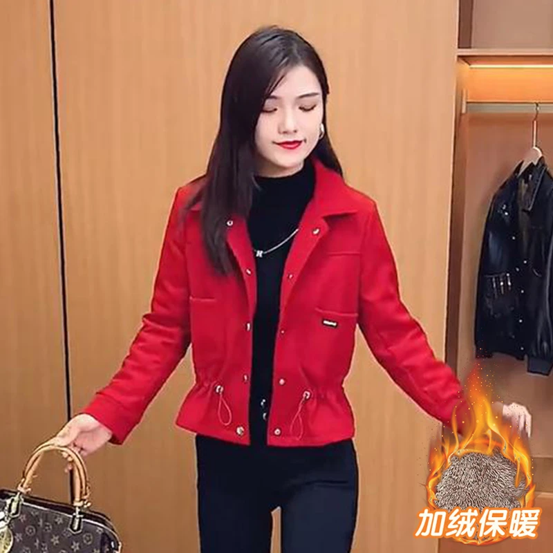 短款加绒加厚外套2025年冬季新款修身长袖开衫洋气收腰小个子上衣