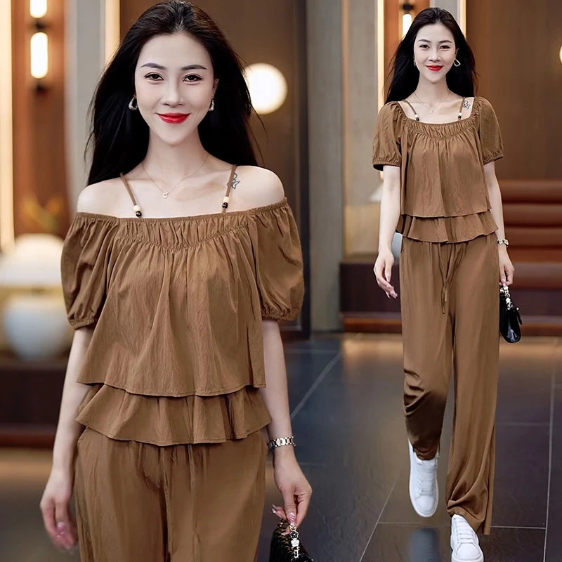 时尚套装女2025年夏季新装小个子设计感减龄衬衫高腰阔腿裤两件套