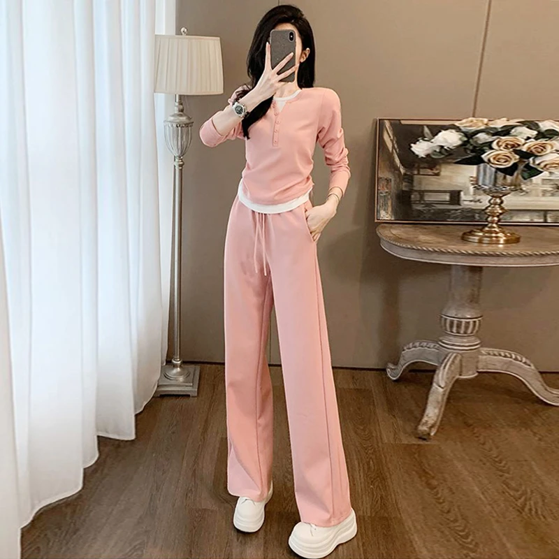 高含棉休闲套装女2025春秋季洋气减龄假两件长袖上衣阔腿裤两件套