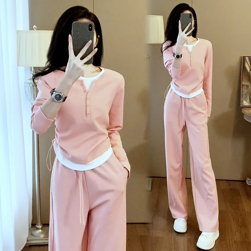 高含棉时尚套装女2025年秋季慵懒风假两件半开领上衣直筒裤两件套