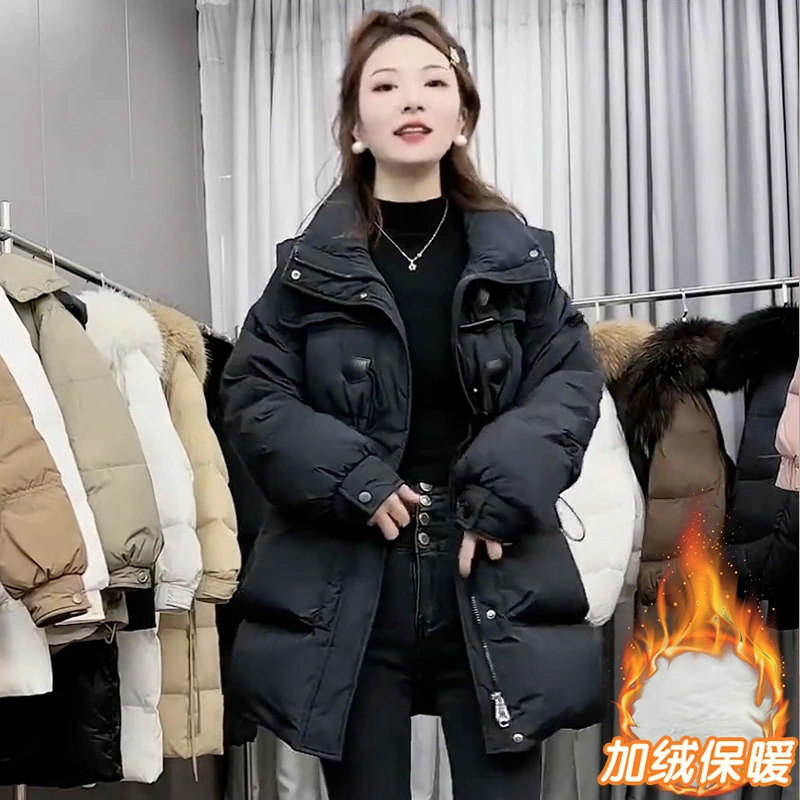 大码2025冬季新款胖妹妹女装连帽长袖时尚收腰系带加绒气质棉服潮