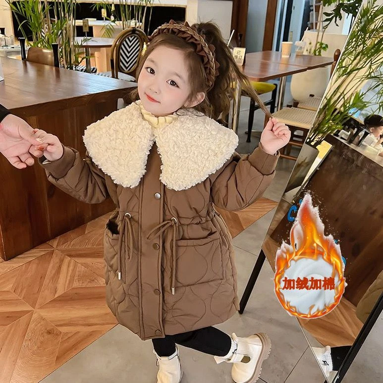 巴拉拉吧女童冬装加绒中长款棉服2024新款娃娃领派克服棉袄洋气绗
