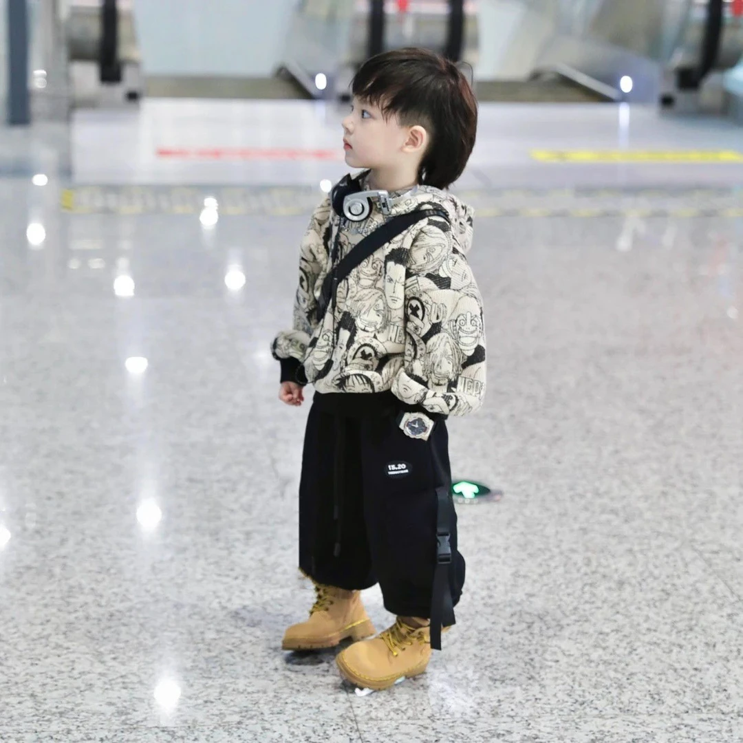 男童套装23秋冬新款中小儿童连帽套头衫长裤男宝宝卡通印花上衣潮