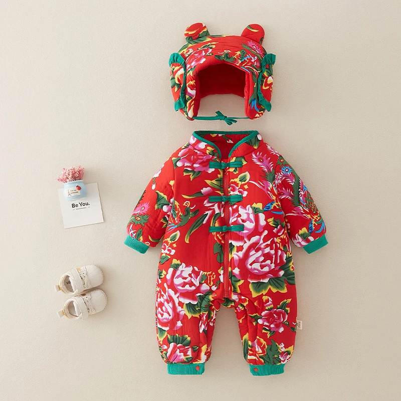 秋冬季新款婴儿连体衣婴幼儿中国风保暖加厚衣服东北大花宝宝衣服