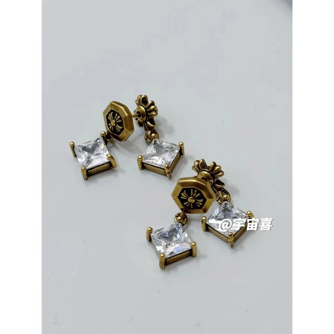 铜合金合成锆石耳饰 C4-033【古金黑金色前后克克白锆菱形耳钉】