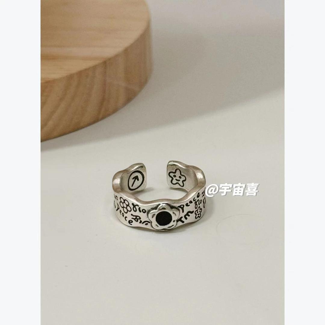 铜合金合成锆石戒指 K5-099【镀银古银涂鸦小花开口戒指】