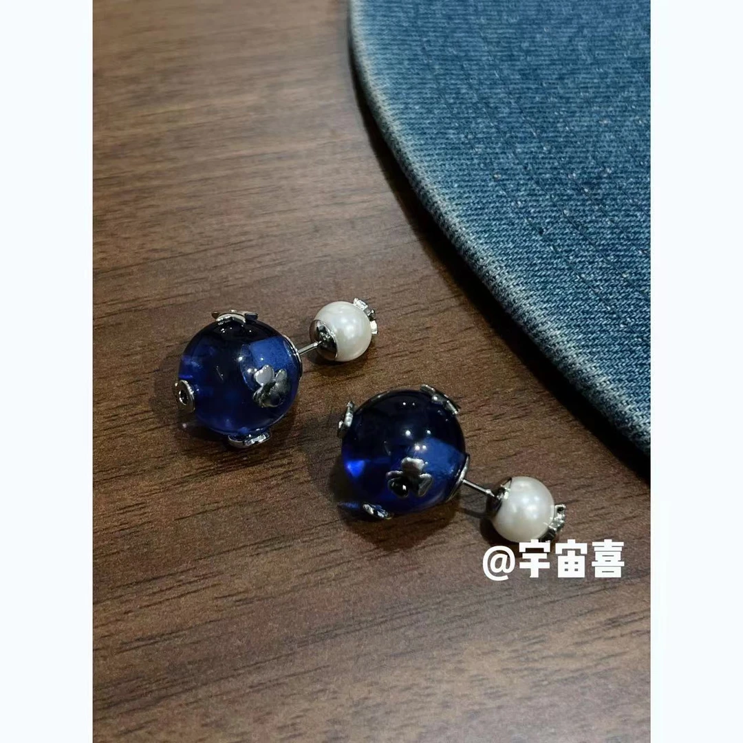 铜合金亚克力耳饰 D5-046【前后牛仔蓝贝珠cd耳钉】