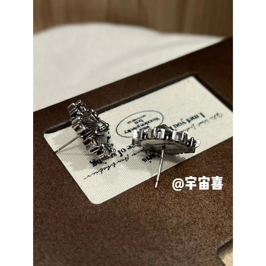 铜合金锆石耳饰 D3-117【古银色徽章五角星锆石太阳花星球耳钉】