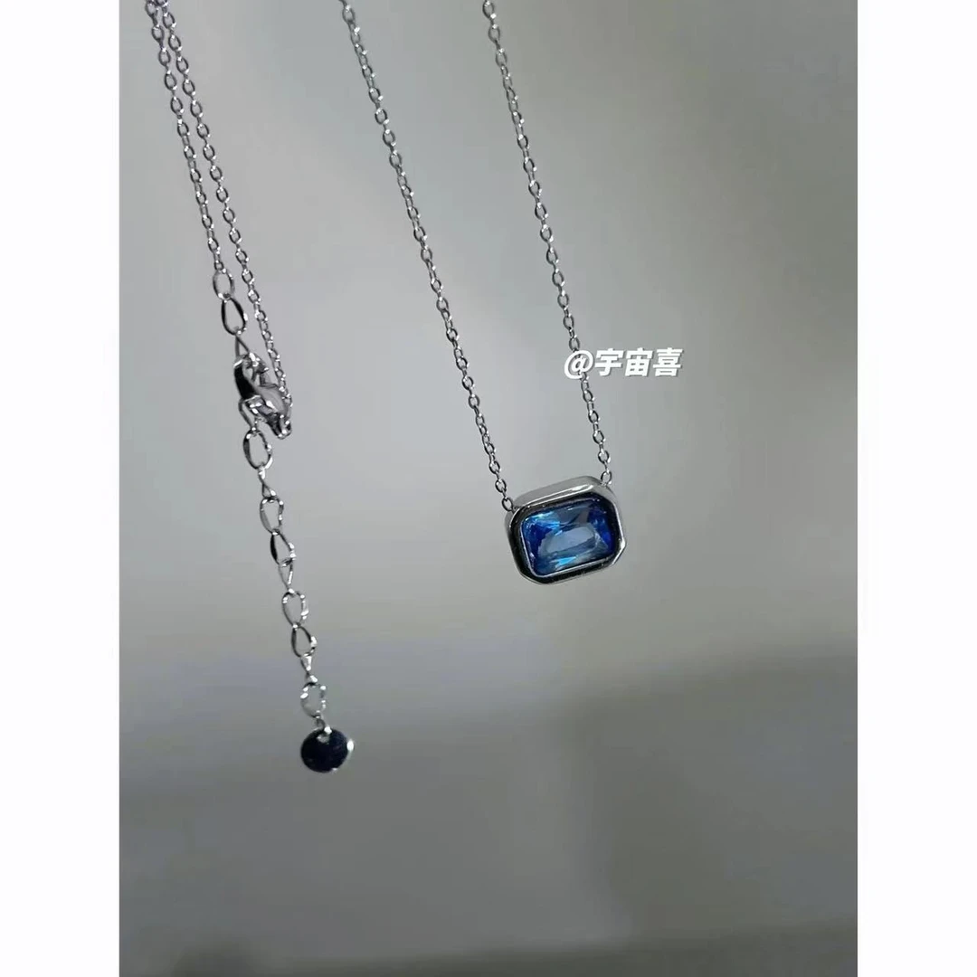 钛钢项链 【钛钢蓝色方块项链银色锆石细链】H4-034