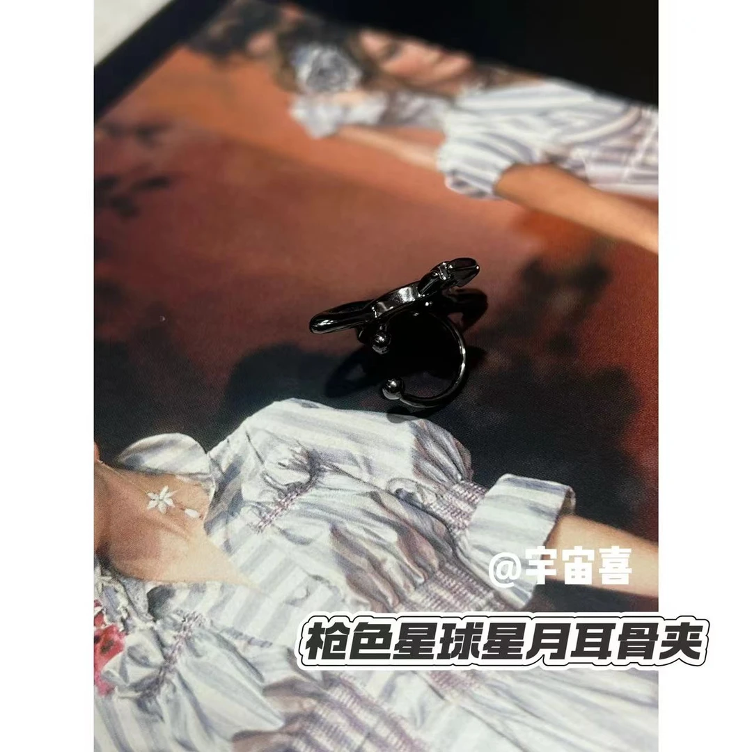 铜合金合成锆石耳饰 L1-076【枪色星月白锆耳骨夹】单只