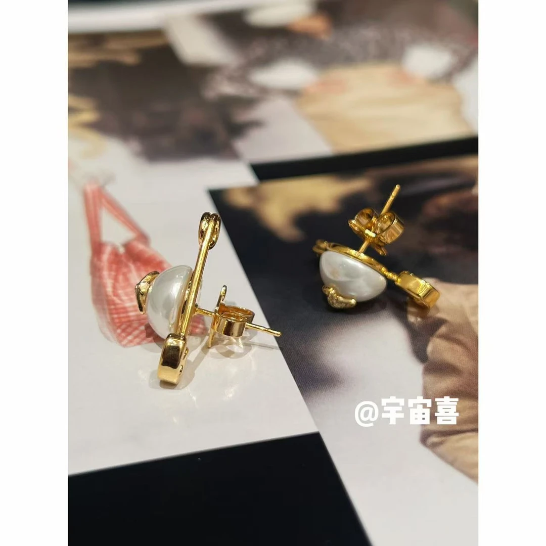 铜合金仿珍珠耳饰 F5-064【金色别针贝珠星球耳钉】金色