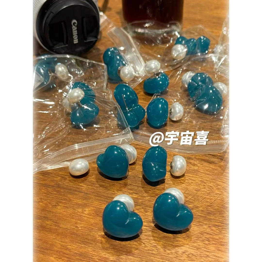 铜合金亚克力耳饰 C3-100【海盐蓝亚克力爱心韩版前后贝珠】