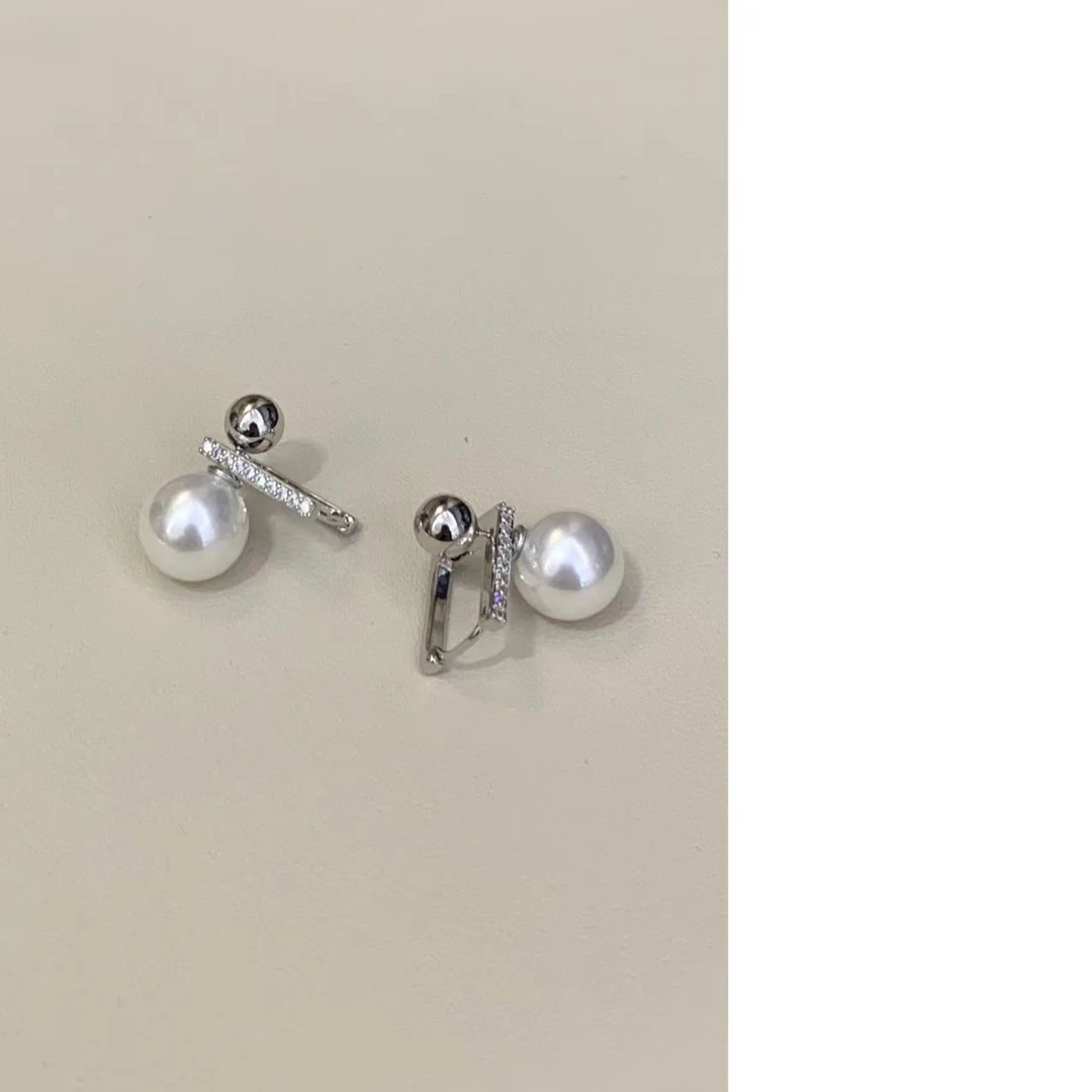 铜合金仿珍珠耳饰 E3-060【爆闪锆石方形耳扣贝珠耳钉两带耳环】