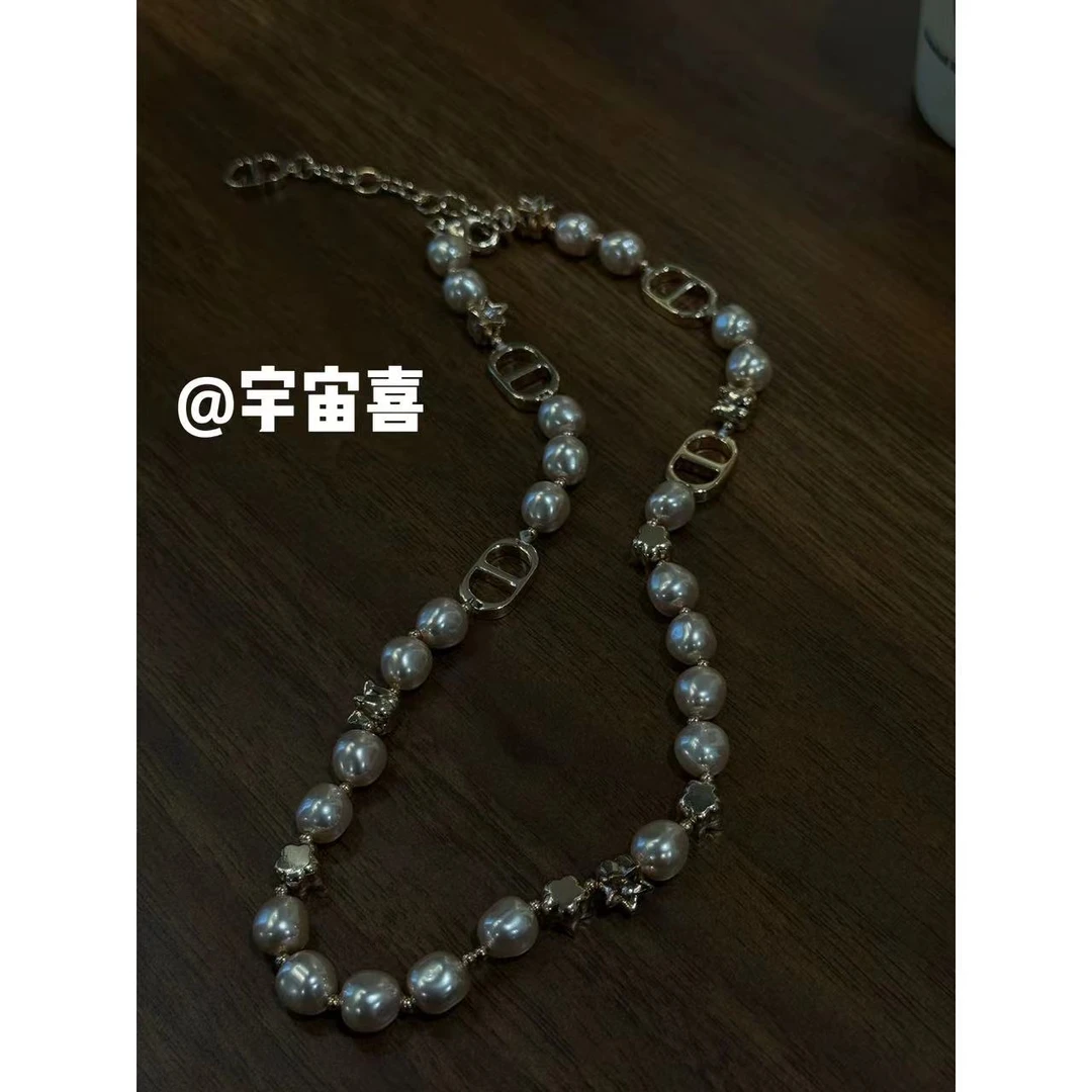 铜合金仿珍珠项链 H5-040【异形粉金配色贝珠小花cd拼接项链】