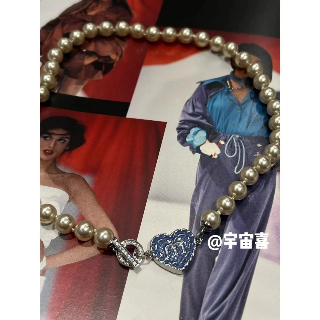 铜合金仿珍珠项链 J4-018【牛仔蓝字母m爱心ot贝珠串珠项链】