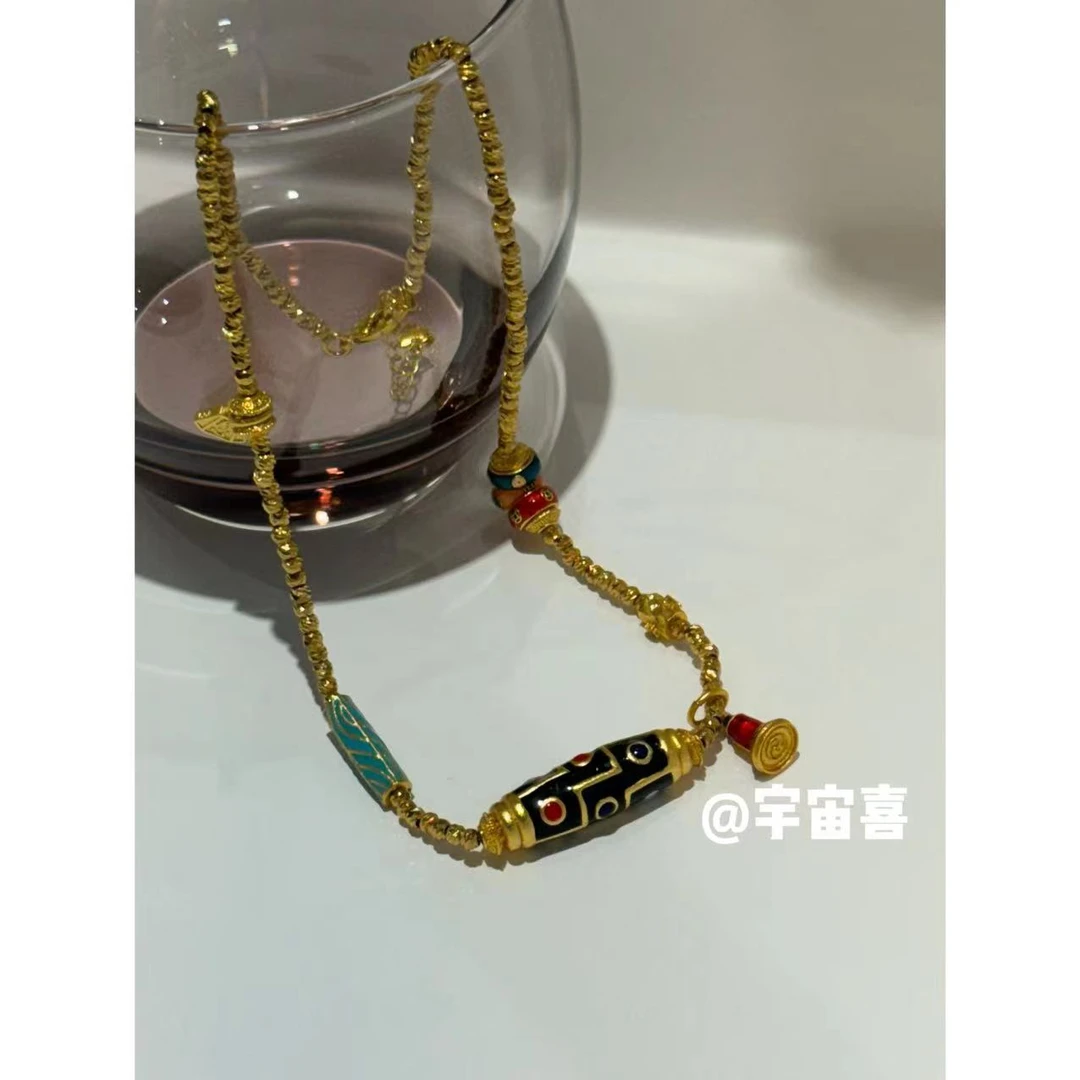 铜合金珐琅项链 J2-021【金色珐琅彩椭圆路路通切面串珠项链】